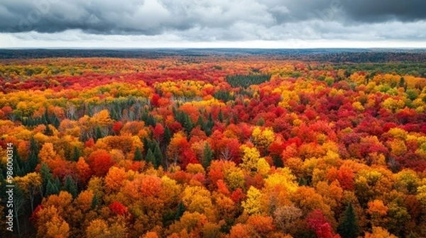 Fototapeta Aerial View of a Forest in Vivid Autumn Colors