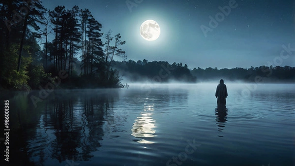 Fototapeta A ghostly figure emerges from a foggy lake under the full moon, casting an eerie glow and a sense of mystery