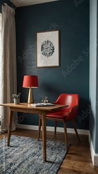 Fototapeta Modern workspace with a red chair, wooden desk, and blue wall.