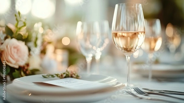 Fototapeta A sophisticated dining table arrangement featuring glasses of white wine, a lovely floral centerpiece with pastel flowers, and a delicately placed menu card adding to the dining experience.