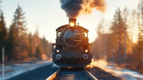 Fototapeta A captivating photograph of a steam locomotive with its headlight illuminating the tracks as it moves forward. The golden hour light and blurred motion create a sense of urgency.