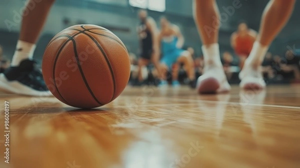 Fototapeta A close-up of a basketball bouncing on the hardwood court, with feet in the background
