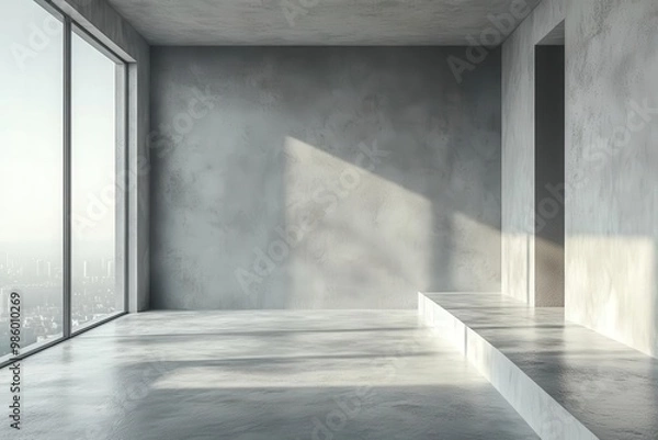 Obraz minimalist concrete room with smooth grey walls and floor soft diffused light from a large window creating subtle shadows emphasizing clean lines and architectural simplicity