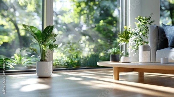 Fototapeta Spacious living room with a large window, comfy sofa, coffee table and vibrant green plants, offering lots of natural light and a beautiful outdoor green view.