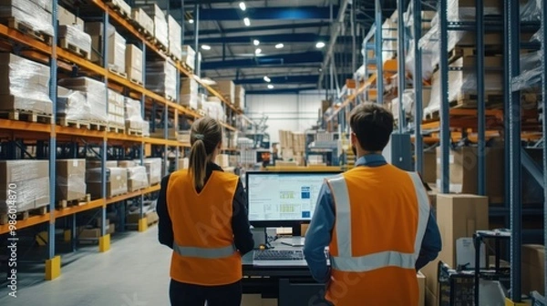 Fototapeta A logistics team working with integrated TMS and ERP systems, ensuring smooth communication and data sharing between departments, enhancing productivity