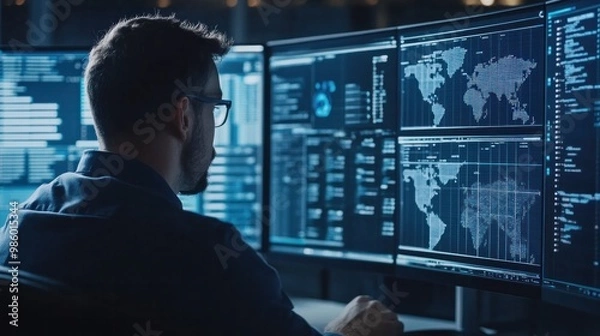 Fototapeta A network admin diagnosing and resolving issues on a corporate network, reviewing logs and performance metrics,
