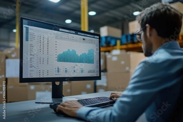 Fototapeta A seamless integration of TMS software with other logistics systems, showing data flow from shipment tracking to invoicing, with a clean and efficient dashboard