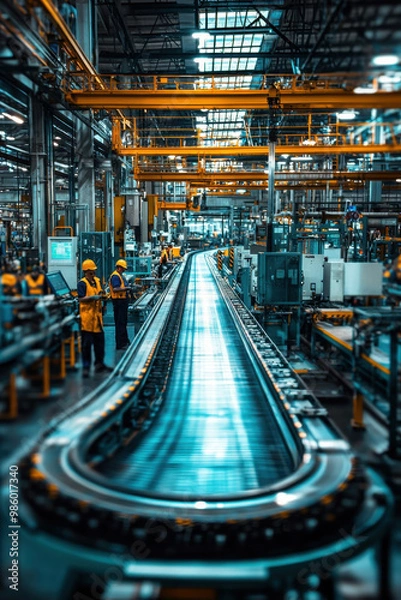 Fototapeta industrial equipment maintenance,  A team of professionals conducting preventative maintenance on assembly line conveyor belts in a spacious manufacturing plant, surrounded by tools