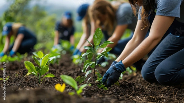 Fototapeta CSR Corporate Social Responsibility,  Corporate volunteers planting native trees in a deforested area, symbolizing environmental recovery