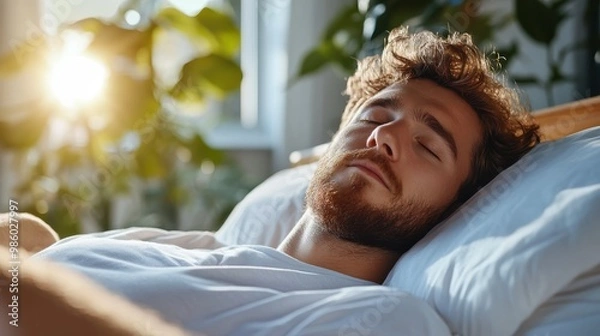 Obraz A person is peacefully sleeping in bed, bathed in soft sunlight, while surrounded by lush, green plants, creating a serene and relaxing environment perfect for rest.