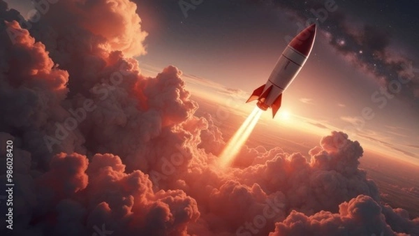 Fototapeta Realistic image of a rocket that flies into space. World Space Week.