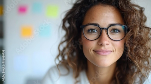 Obraz A close-up of a woman with curly hair and glasses smiling warmly in a bright office, reflecting intellect and accessibility surrounded by colorful sticky notes.