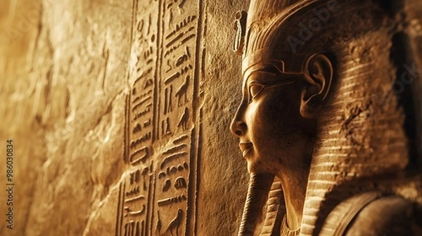 Fototapeta Ancient Egyptian hieroglyphs depicting an ancient man in simple with his hands raised, carved on the wall of one of Egypt's main temples.