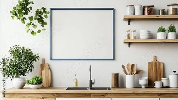 Fototapeta Modern kitchen with wooden shelves, plants, utensils, and a blank frame ready for artwork. Bright and inviting atmosphere.