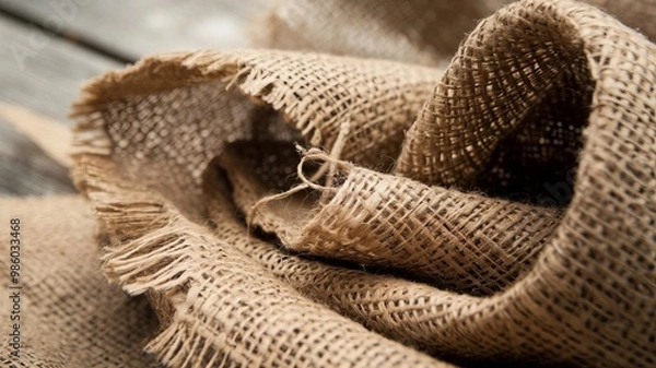 Fototapeta A close-up of a burlap sack with a partly ripped edge, revealing a twisted rope.