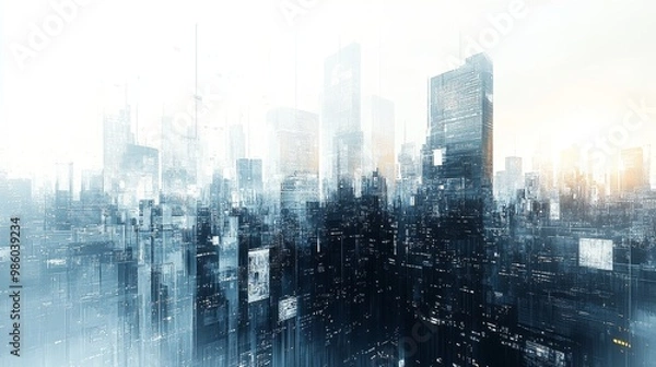Fototapeta Futuristic Urban Cityscape with Modern Skyscrapers and Streets in 3D - Abstract Digital Design of Business District