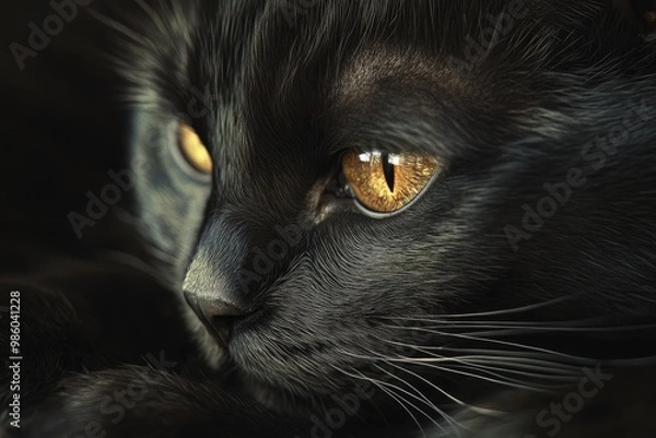 Fototapeta Close-up of a Black Cat's Eye with Golden Iris