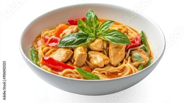 Fototapeta A bowl of spicy Thai curry noodles with chicken and vegetables, garnished with fresh basil leaves, against a simple white background for a clean look.