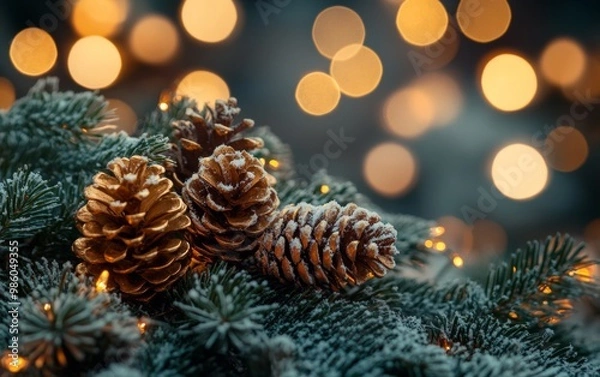 Fototapeta Snow-covered pine cones with warm festive lights in the background, creating a cozy winter scene.
