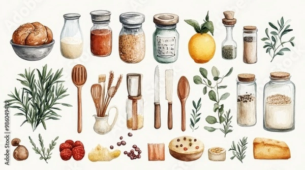 Obraz Whimsical Watercolor Baking Utensils and Ingredients Sticker Set for Planners and Recipe Books