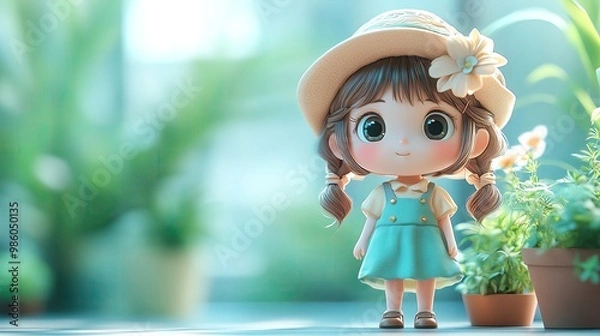 Fototapeta Adorable doll wearing a stylish hat, standing amidst lush greenery, showcasing a charming blend of innocence and joy.