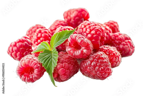 Obraz Raspberry with leaves. Raspberries isolated on transparent background. Close-up raspberries for product label, menu. Cut out. Flat lay. Png. Top view.