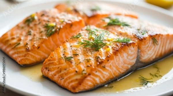 Fototapeta A close-up of seared salmon with a rich, golden crust and tender pink interior, garnished with a drizzle of lemon butter sauce and fresh dill on a white plate