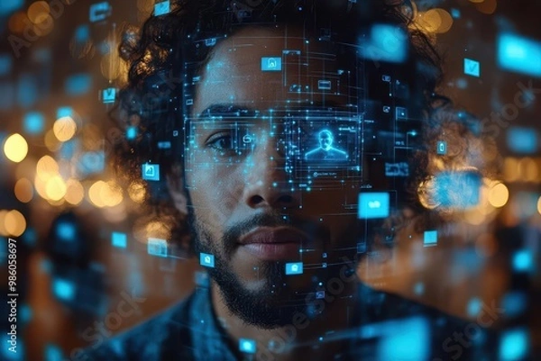 Fototapeta professional updating sleek modern linkedin profile on transparent touchscreen holographic skills badges and network connections orbit users confident portrait