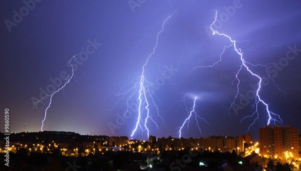 Obraz lightning, night storm in town