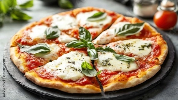 Fototapeta A delicious pizza topped with mozzarella, basil, and herbs, served on a rustic stone plate.