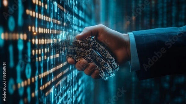 Obraz Businessman and robot handshake about tech innovation, machine learning progress and partnership with future Artificial General Intelligence