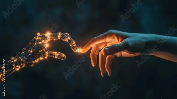 Obraz Artificial intelligence robot finger touching to human finger about tech innovation, machine learning progress and partnership with future