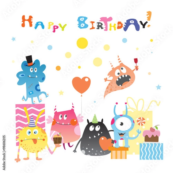 Obraz Card to birthday with cute cartoon monster, gifts and sweets. Vector image.