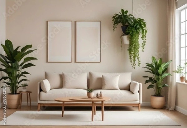 Fototapeta A modern, minimalist living room with a beige sofa, wooden frame, and decorative plants in the background.