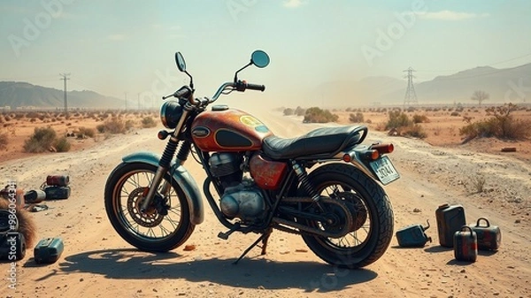 Obraz A worn, sun-faded motorcycle slows to a stop on a dusty roadway, surrounded by scattered fuel cans and discarded bike parts, amidst a haze of exhaust fumes and desolate landscape.