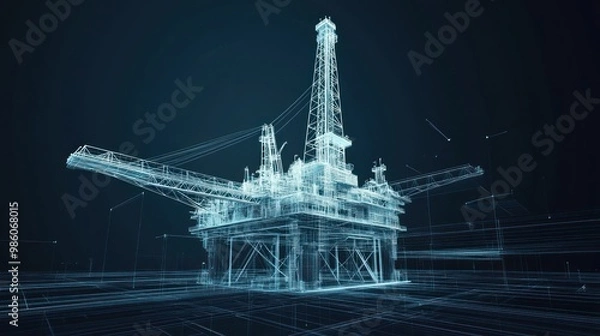Fototapeta Wireframe model of an offshore oil rig against a dark blue background.