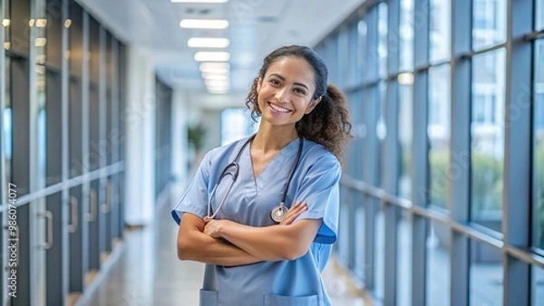Fototapeta The smiling medical assistant stands with arms crossed in a welcoming hospital setting, radiating warmth and reassurance during Appreciation Week celebrations.