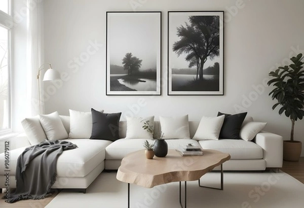 Fototapeta A minimalist living room with a white sectional sofa, wooden coffee table, and two framed black and white landscape photographs on the wall.