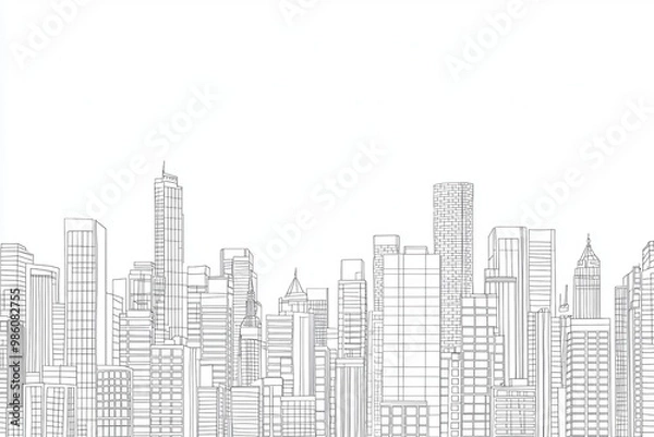 Fototapeta A minimalist black and white illustration of a modern city skyline with various skyscrapers and architectural designs.