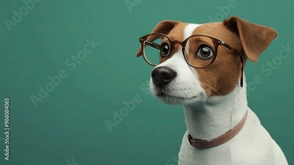 Fototapeta Hyperrealistic Dog with Glasses on Green Background, AI generated illustration