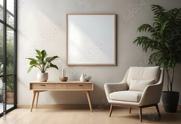 Fototapeta A modern living room with a large empty frame on the wall, a wooden console table, a beige armchair, and a potted plant.