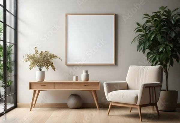 Fototapeta A modern living room with a large empty frame on the wall, a wooden console table, a beige armchair, and a potted plant.