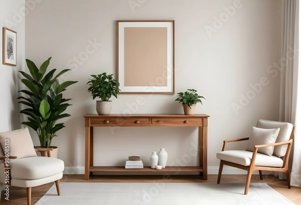 Obraz A modern living room with a large empty frame on the wall, a wooden console table, a beige armchair, and a potted plant.
