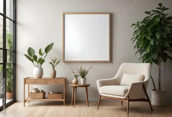 Fototapeta A modern living room with a large empty frame on the wall, a wooden console table, a beige armchair, and a potted plant.