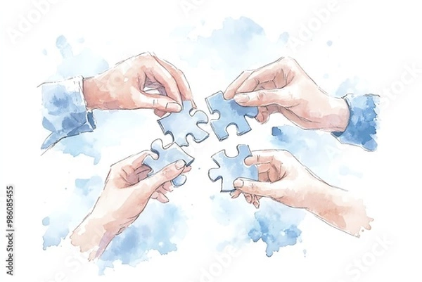Fototapeta Hands assembling puzzle pieces together on a white background.