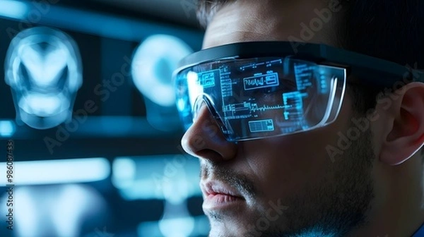 Fototapeta Close-up of a man wearing augmented reality smart glasses with futuristic data overlays, representing technology, innovation, and virtual interaction.