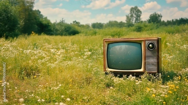 Obraz Old Retro TV in a Summer Field with Bright Light Colors, AI generated illustration