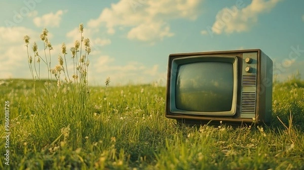 Fototapeta Old Retro TV in a Summer Field with Bright Light Colors, AI generated illustration