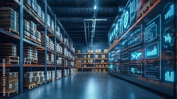 Fototapeta An expansive warehouse interior illuminated with high-tech digital displays showing real-time analytics, highlighting modern inventory management.