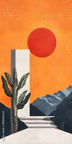 Obraz Abstract Cactus Illustration with Sunset
